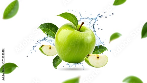 Fresh Green Apple with Water Splash and Leaves Isolated on White Background