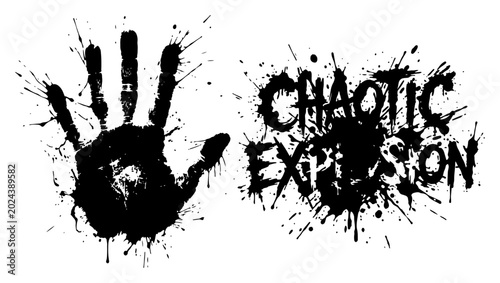 Obraz na płótnie Handprint silhouette and chaotic explosion typography in messy ink splatter styl