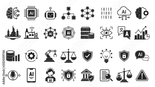 A comprehensive set of black and white vector icons representing Artificial Intelligence, machine learning, data processing, automation, robotics, technology ethics, and smart systems.