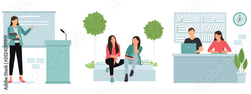 Modern university education vector set, students studying in library and campus park, female professor giving lecture in classroom
