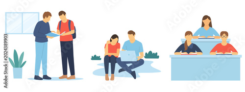 Modern flat vector students set, university education and college campus life scenes, diverse young people studying with laptop and books in classroom