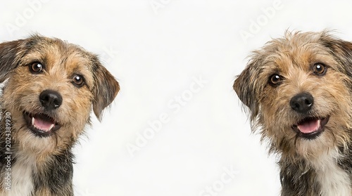 Two adorable terrier mix puppies with shaggy fur and curious eyes peeking from the sides of a white background.