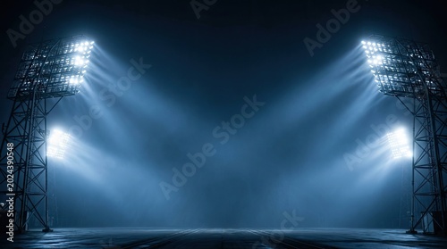 Bright Stadium Lights Illuminating a Dark, Foggy Night Sky.