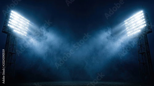 Stadium Floodlights Illuminating Night Sky with Smoke.