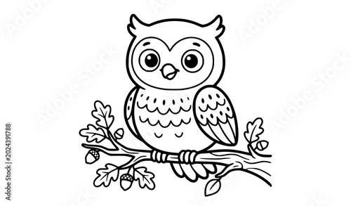 Cute owl cartoon vector illustration bird sitting on tree branch outline design