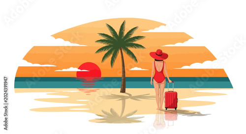 Fényképezés A woman in a red swimsuit with a red hat and suitcase.