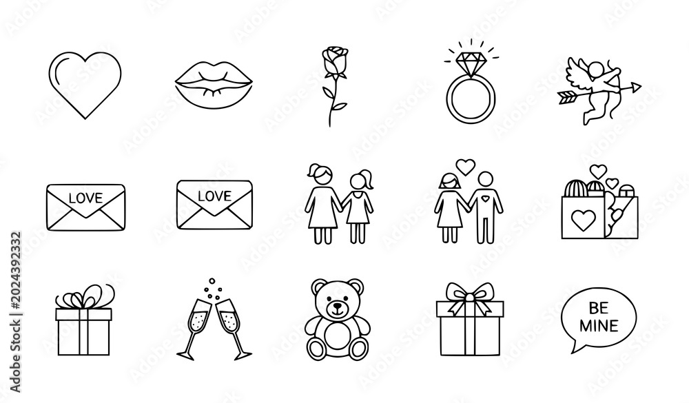 Fototapeta premium Valentine Love and Romantic Icon Collection with Heart Gift Couple and Letter Symbols