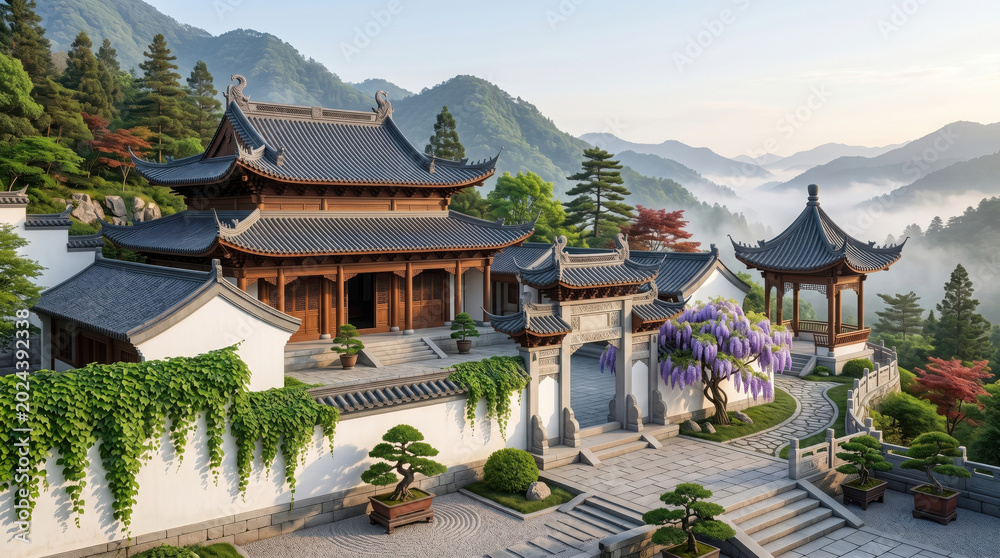 Fototapeta premium Traditional chinese palace complex with wisteria flowers and bonsai trees in a generated using ai