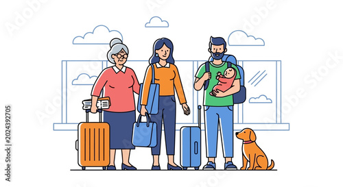 Vászonkép Multigenerational family with a dog and baby traveling at the airport
