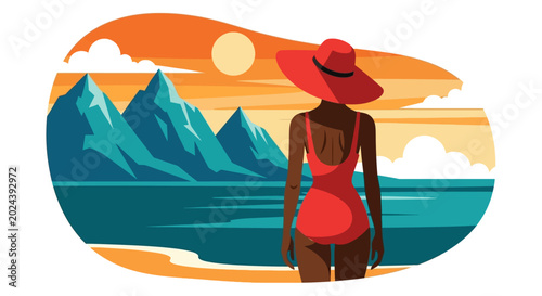 Foto Woman wearing red swimsuit and hat standing on beach.