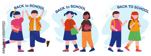 Fotografie Back to school vector illustration set, diverse elementary students with backpac