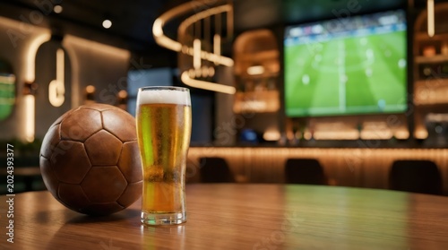 Glass of beer and soccer ball on wooden table in sports bar. Television screen showing football match in background. Atmosphere of pub during championship game broadcast. Relaxing time.