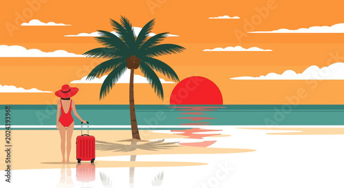 Fotografi A woman in a red swimsuit and hat holding a red suitcase on the beach