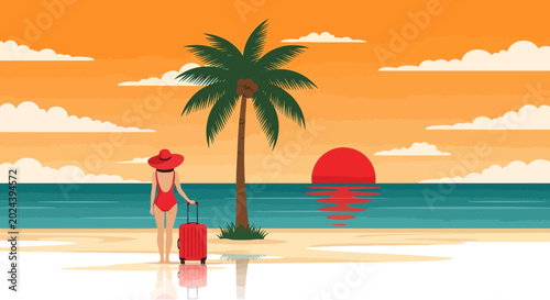 Fotografie A woman standing on the beach with a red suitcase ready for vacation