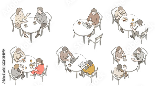 CAD-inspired isometric illustration of diverse individuals engaged in social interactions, remote work, and casual dining at tables, depicting modern life scenes