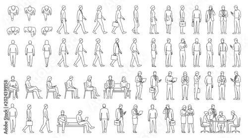 Comprehensive vector collection of diverse human figures for architectural CAD drawings, presenting people in various poses and activities essential for design projects and visualization