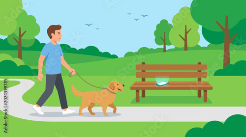 A young man walking his golden retriever dog in the park.