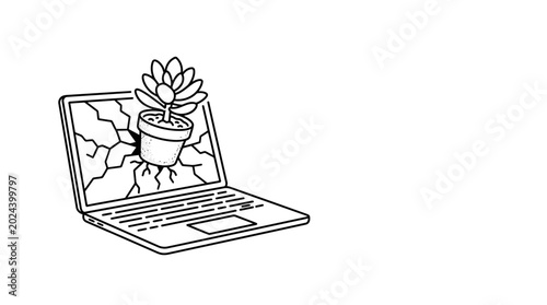 Canvas Print Line art illustration of a succulent plant growing out of a broken laptop screen