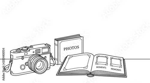 Photography Line art illustration of a vintage camera and photo album.