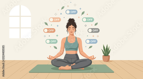 Cuadro en lienzo Woman meditating in lotus pose surrounded by off switch toggles representing digital detox and mental clarity