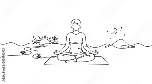 Konstfotografi Continuous line drawing of a person meditating in a lotus pose.