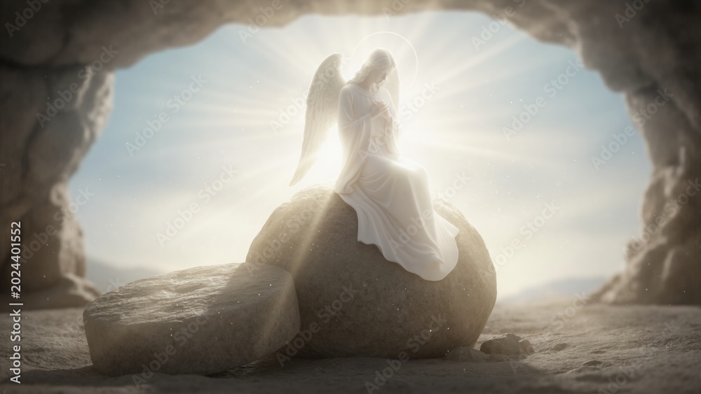 Obraz premium Angel sitting on rolled away stone at empty tomb. Resurrection of Jesus Christ on Easter morning. Divine light and heavenly messenger at sepulcher