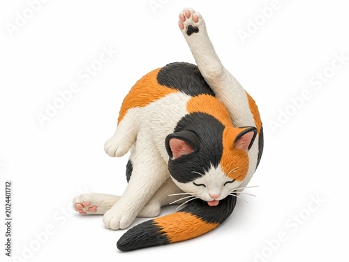 Clay Style Calico Cat Grooming On White Background, Cute Three Color Clay Cat Illustration Isolated On White