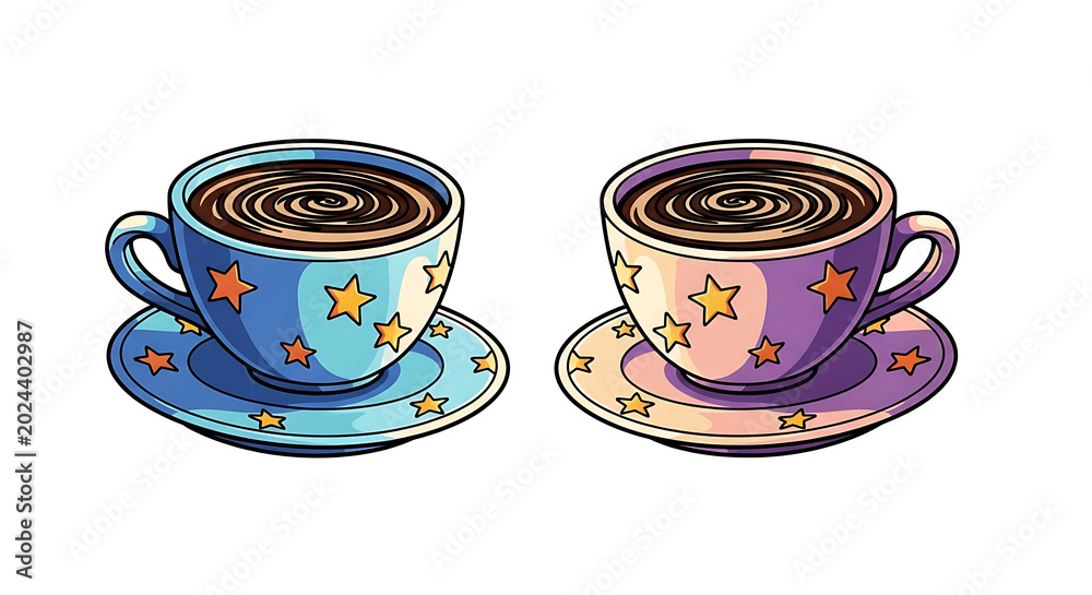 Fototapeta premium Two stylized ceramic bowls with floral and geometric patterns in blue and purple
