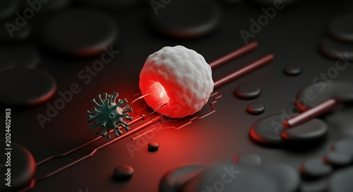 Isometric perspective of a futuristic cybernetic white blood cell hunting a virus.