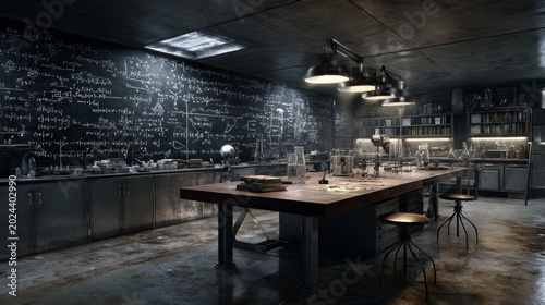 In a shadowy laboratory, chalkboard walls covered in complex equations create an atmosphere of discovery. Tables hold glassware and tools, inviting curious minds to explore