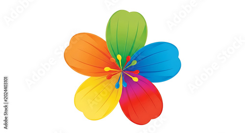 Vibrant 3 d geometric abstract flower with colorful petals and green leaves orange yellow