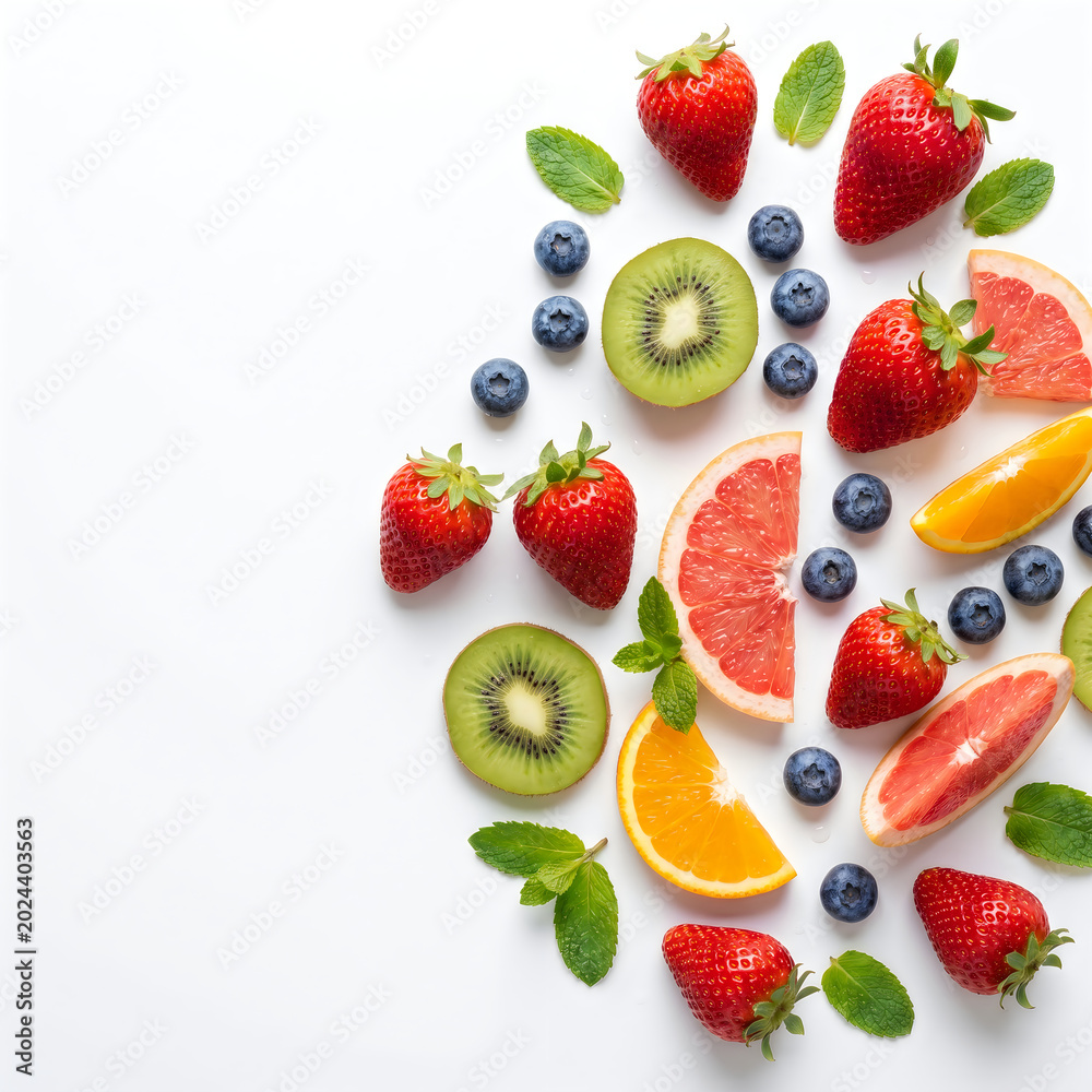 Obraz premium Fresh mixed fruit flat lay on clean white background