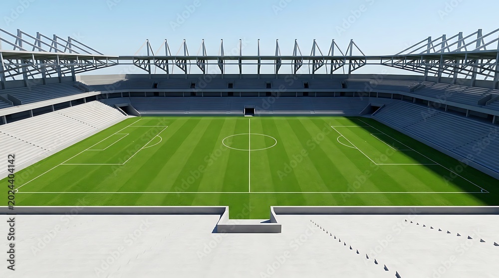 Fototapeta premium Empty football stadium with green pitch and modern architecture