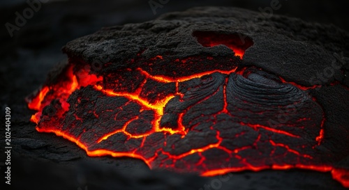 Extreme close-up focusing purely on the chaotic glowing red and black texture of cooling volcanic magma.