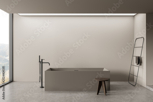 Minimalist bathroom interior with modern freestanding tub, neutral walls, soft natural light, and simple decor creating a serene contemporary design. 3D Rendering