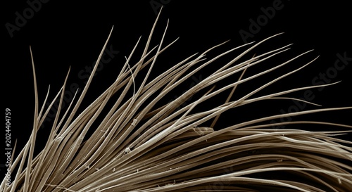 Extreme macro shot of the microscopic barbs on a single feather in monochromatic SEM style.