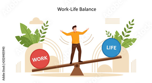 A man balancing his work and life on a seesaw concept.