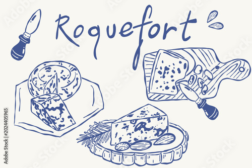 Bild auf Leinwand Roquefort blue cheese selection with gourmet dairy illustrations