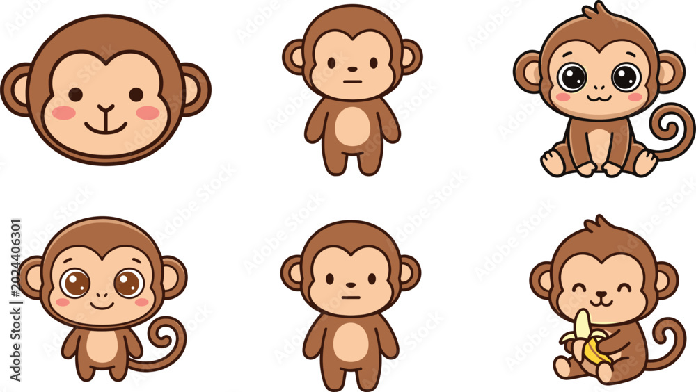 Fototapeta premium Cute Monkey Cartoon Character Collection Vector Illustration Featuring Adorable Jungle Primate Mascots for Kids Education Nursery and Animal Design Projects
