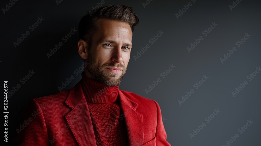 Obraz premium Dressed in a bold red ensemble, the man stands confidently against a dark backdrop. His expression is charming and self-assured, reflecting a spirit of modern elegance and creativity