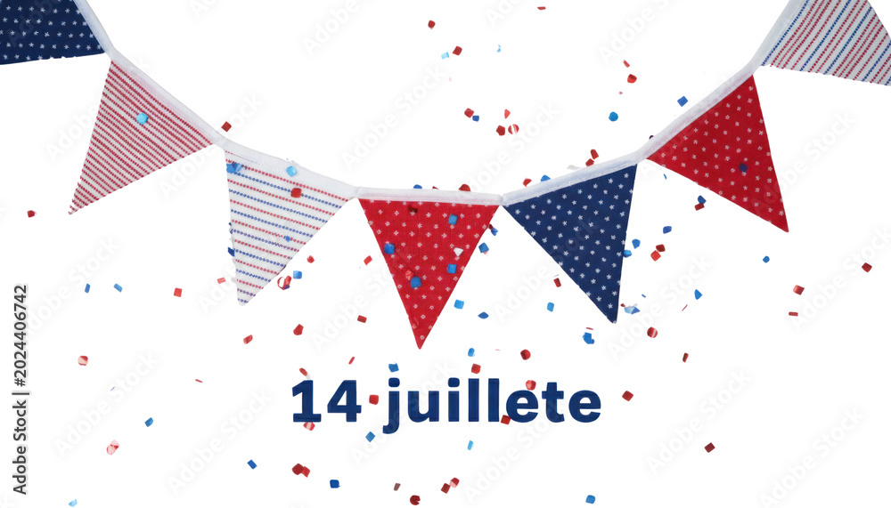 Obraz premium Bastille Day 14 Juillete celebration bunting, French national day patriotic flags with confetti, festive blue white and red tricolor garland isolated PNG with Transparent Background