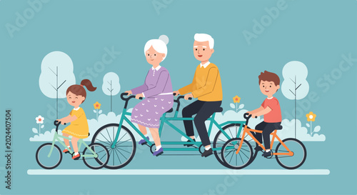 Happy senior citizens and children riding bicycles together in a park on a sunny day promoting outdoor activity