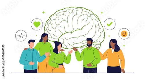 Quadro em tela Diverse group of people standing together with a large brain icon illustrating mental health and collective wellbeing