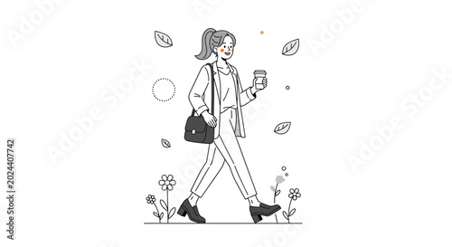 Valokuva A young stylish woman walking while holding a coffee cup line art illustration