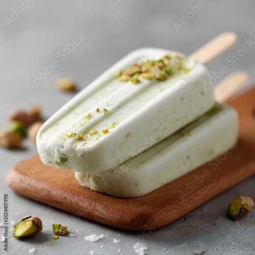 Pistachio ice cream bar frozen dessert on wooden stick summer treat