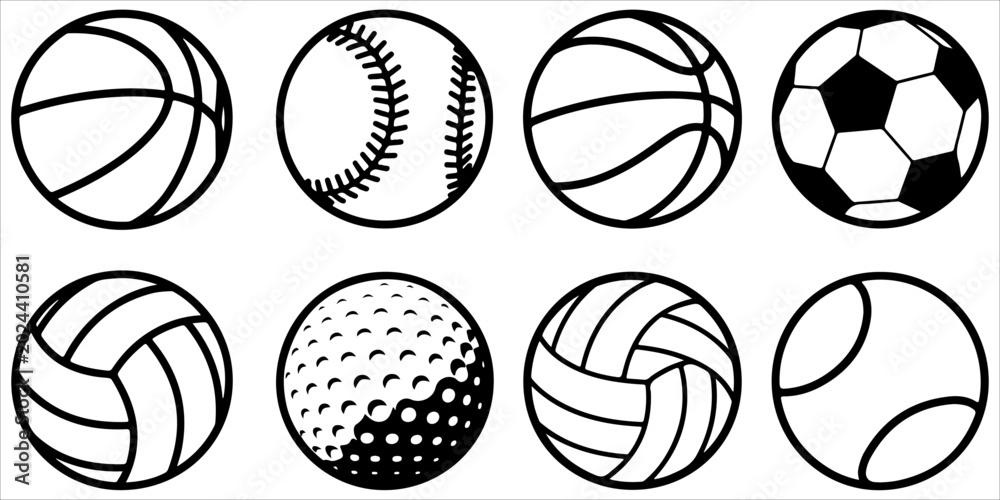 Obraz premium Set of sports ball silhouette icons including baseball basketball soccer volleyball tennis and golf ball designs isolated on light background for recreation and athletic themes
