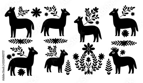 Canvas Print Scandinavian Folk Art Deer Silhouette Decorative Animals Vector Collection