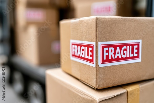 Cardboard boxes with large red 'FRAGILE' stickers stacked for shipping and delivery, logistics.