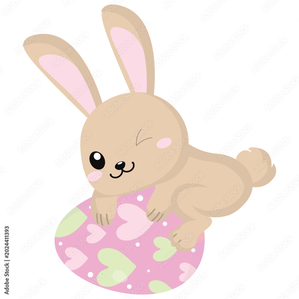 Obraz premium Cute Easter bunny winking and resting on a pink Easter egg decorated with hearts