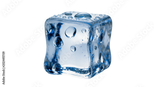 Melting ice cube with water droplets and air bubbles, isolated on transparent background